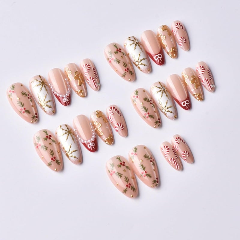 SEENEEY Christmas Almond Press on Nails Medium Fake Nails Red French Artificial Nail with Pearl and Gold Charm Designs Stick on Nail for Women 24pcs - Image 3